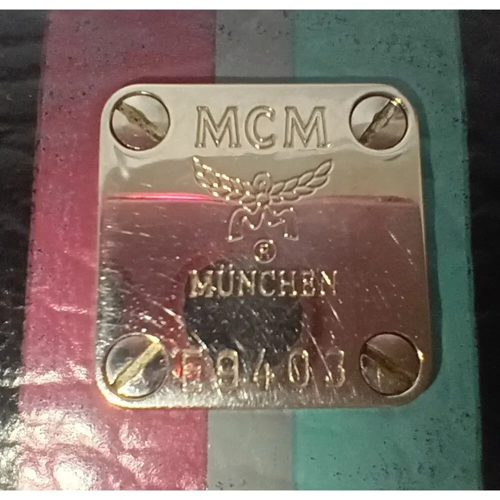 MCM Black Visetos Leather Large Zip-Around Wallet with Pink Gray & Blue Stripes